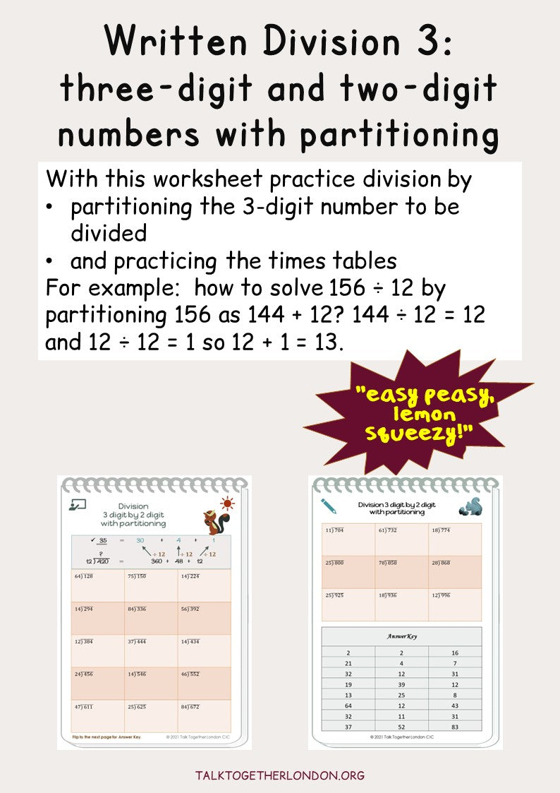 Written Division 3: use place value partitioning three-digit and two-digit numbers