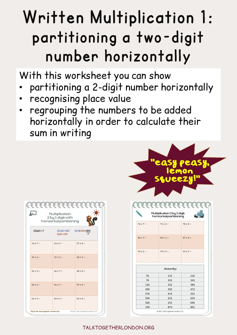 Written multiplication 1: place value strategy to partition numbers horizontally