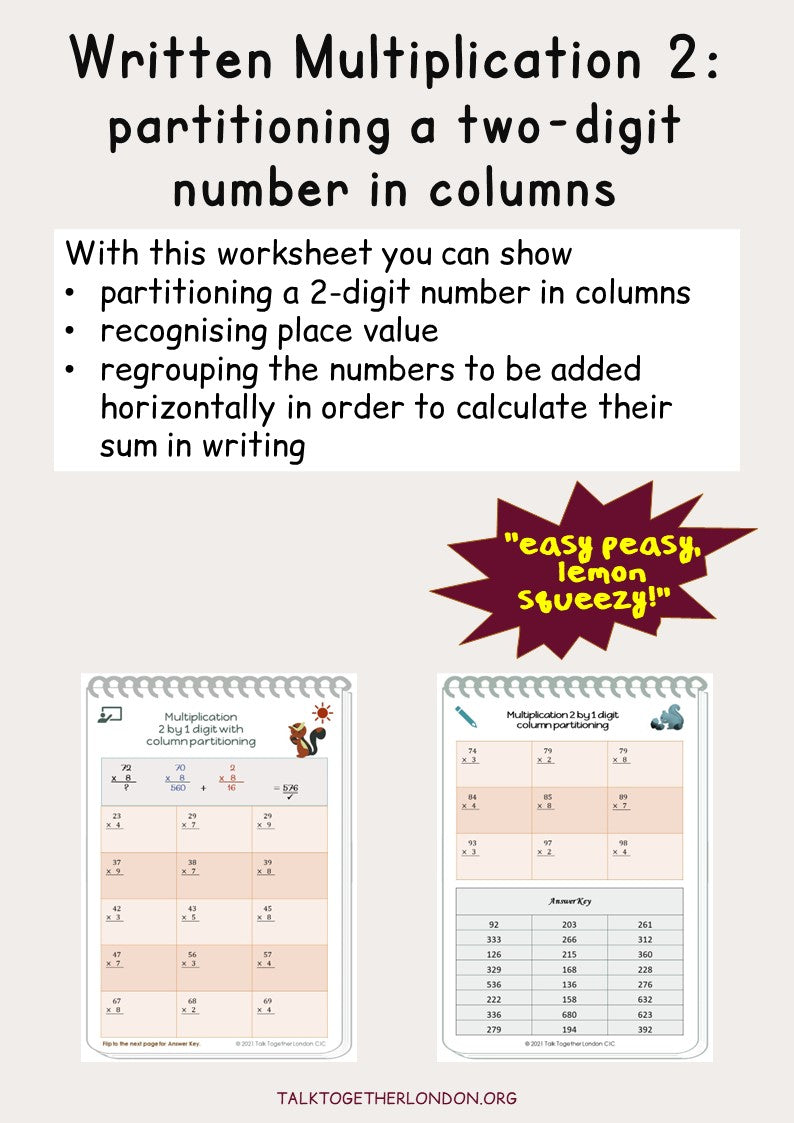 Written multiplication 2: place value strategy to partition numbers in columns