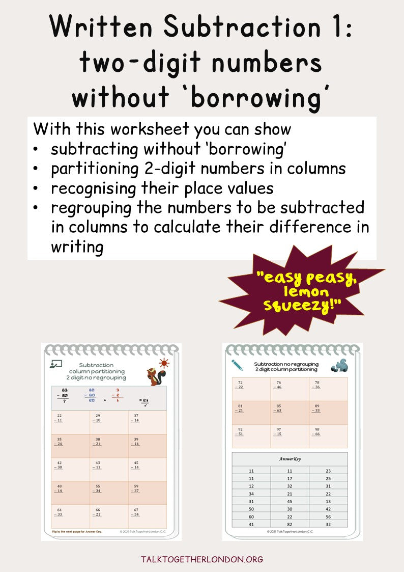Written Subtraction 1: use place value partitioning two-digit numbers in columns without borrowing