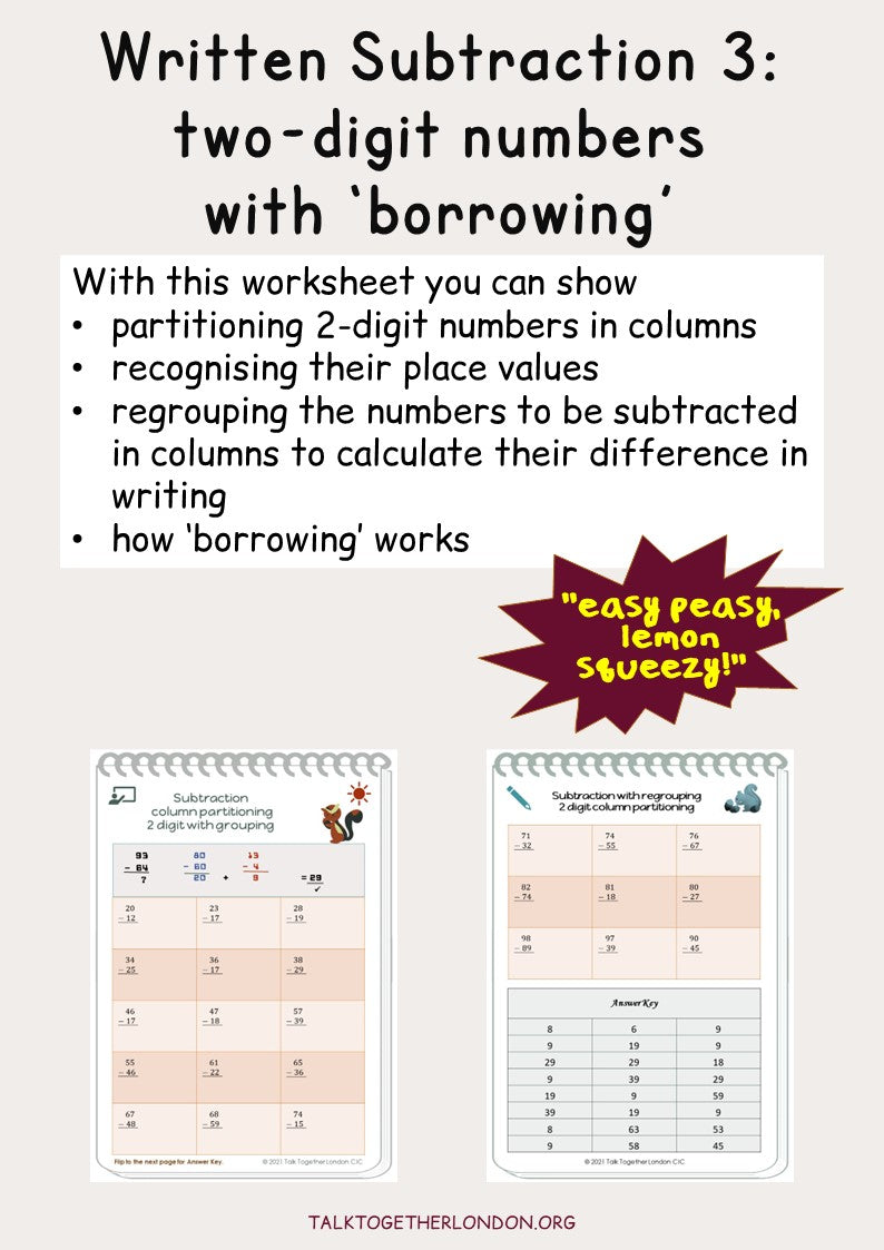 Written Subtraction 3: use place value partitioning two-digit numbers in columns with borrowing