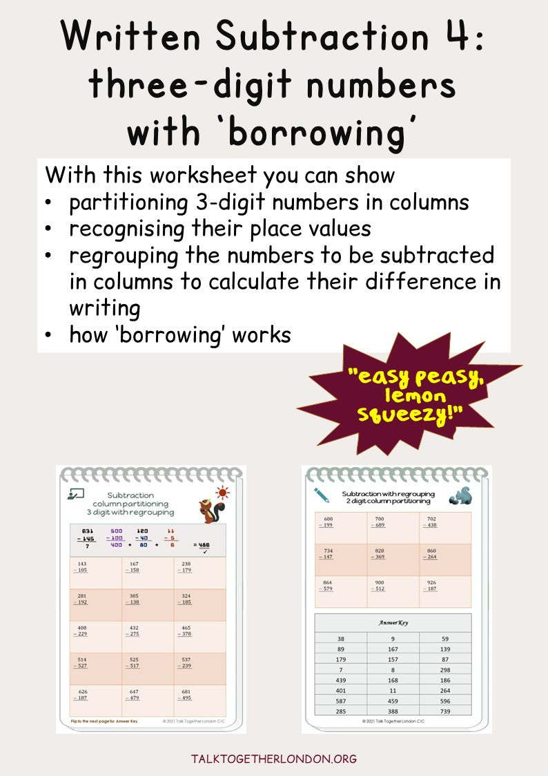 Written Subtraction 4: use place value partitioning three-digit numbers in columns with borrowing